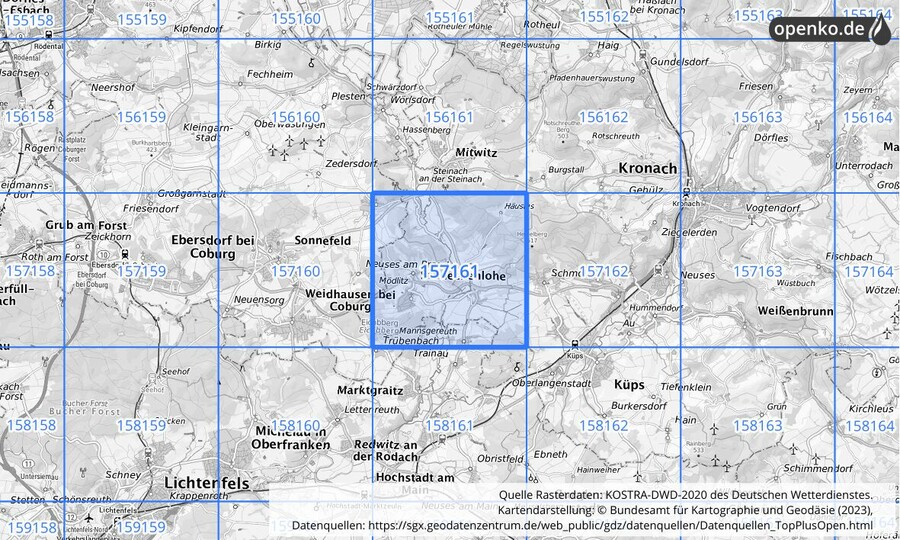 Übersichtskarte des KOSTRA-DWD-2020-Rasterfeldes Nr. 157161