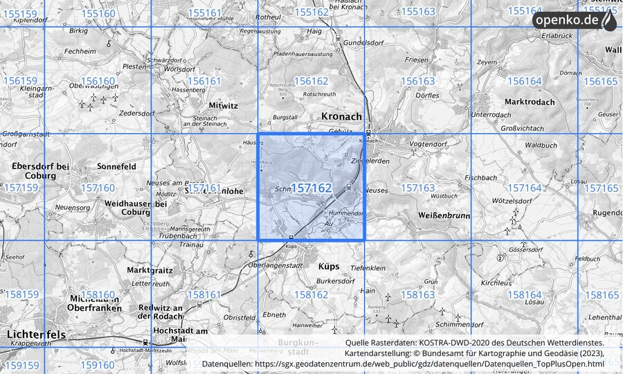 Übersichtskarte des KOSTRA-DWD-2020-Rasterfeldes Nr. 157162