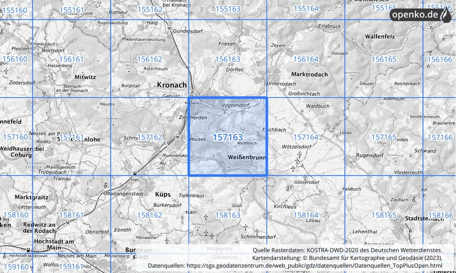 Übersichtskarte des KOSTRA-DWD-2020-Rasterfeldes Nr. 157163