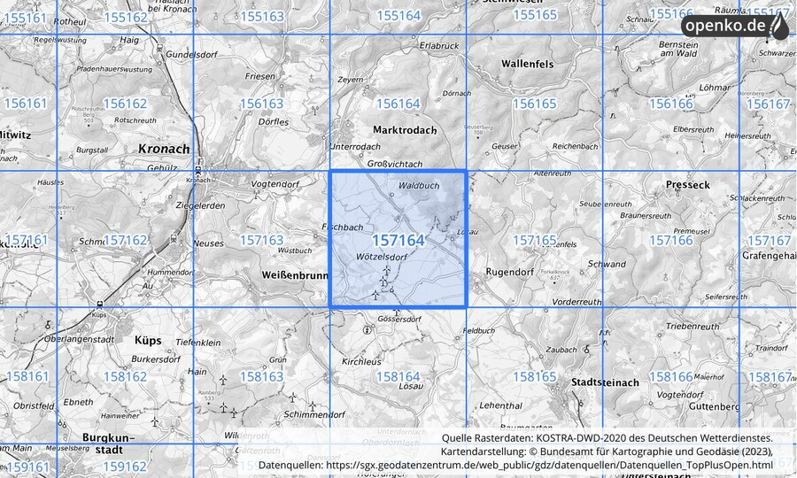 Übersichtskarte des KOSTRA-DWD-2020-Rasterfeldes Nr. 157164