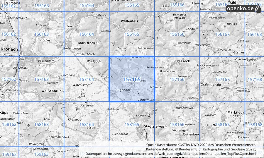 Übersichtskarte des KOSTRA-DWD-2020-Rasterfeldes Nr. 157165