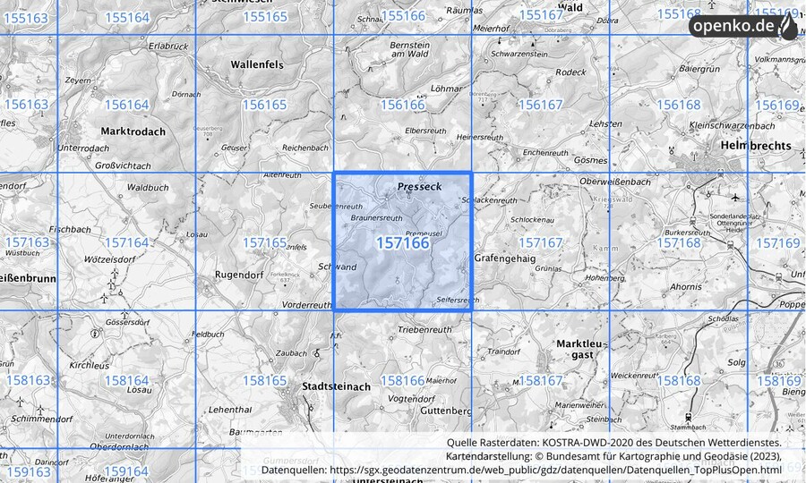 Übersichtskarte des KOSTRA-DWD-2020-Rasterfeldes Nr. 157166