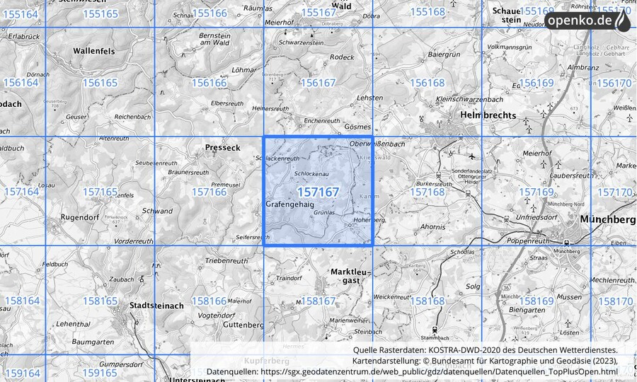 Übersichtskarte des KOSTRA-DWD-2020-Rasterfeldes Nr. 157167