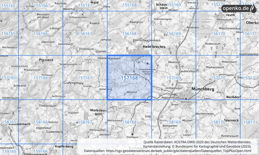 Übersichtskarte des KOSTRA-DWD-2020-Rasterfeldes Nr. 157168