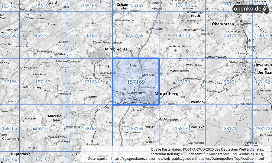 Übersichtskarte des KOSTRA-DWD-2020-Rasterfeldes Nr. 157169