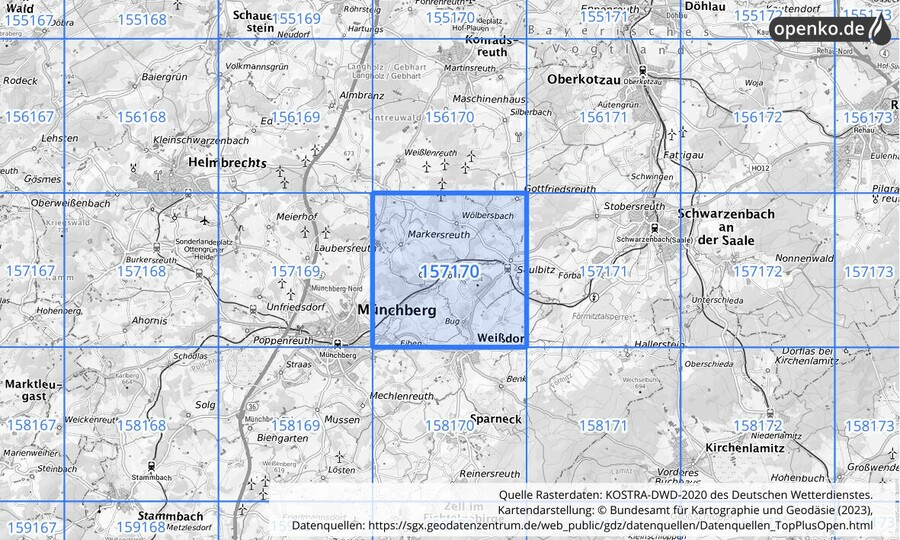 Übersichtskarte des KOSTRA-DWD-2020-Rasterfeldes Nr. 157170
