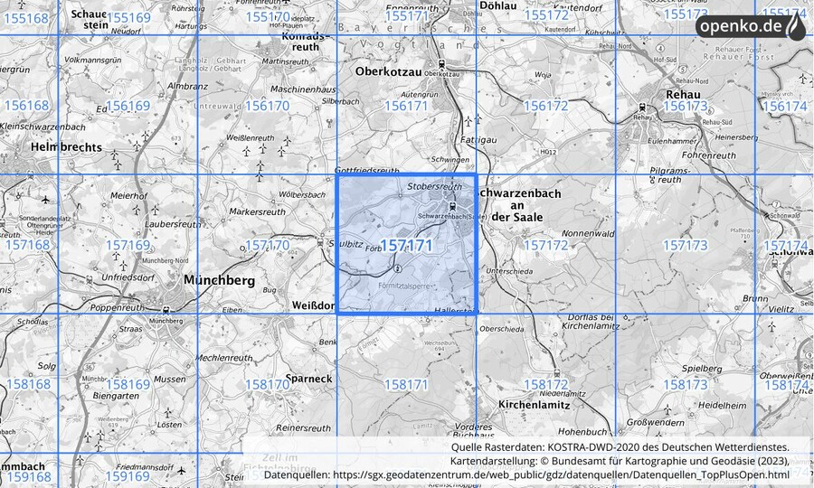 Übersichtskarte des KOSTRA-DWD-2020-Rasterfeldes Nr. 157171