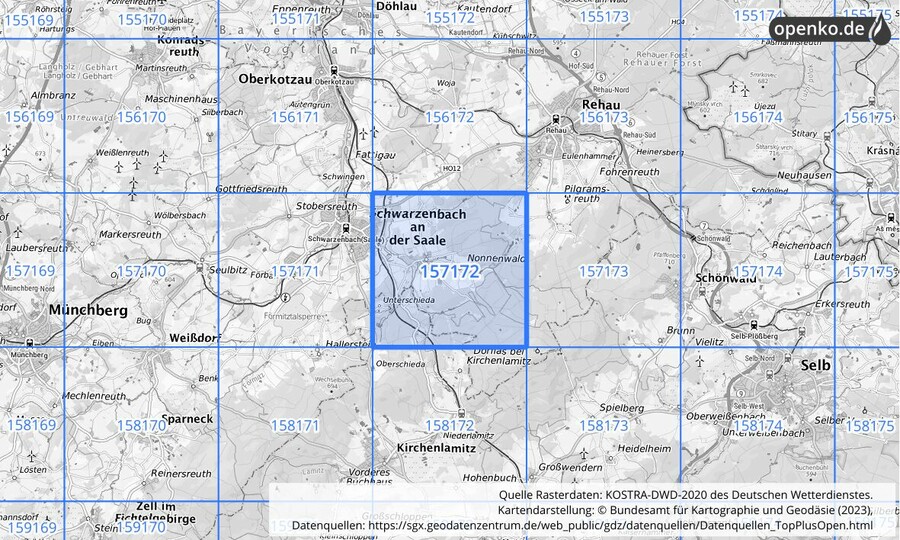 Übersichtskarte des KOSTRA-DWD-2020-Rasterfeldes Nr. 157172