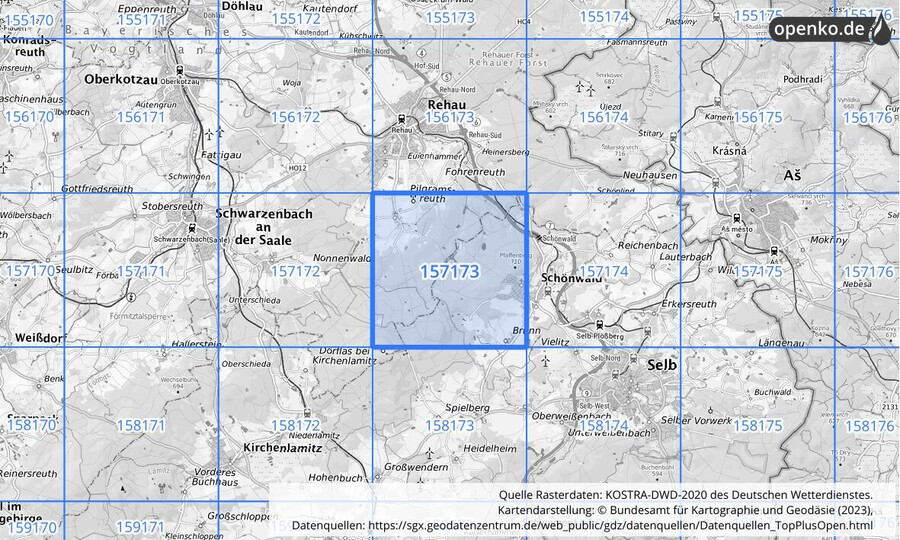 Übersichtskarte des KOSTRA-DWD-2020-Rasterfeldes Nr. 157173