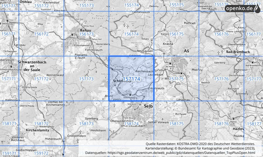 Übersichtskarte des KOSTRA-DWD-2020-Rasterfeldes Nr. 157174