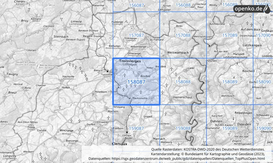 Übersichtskarte des KOSTRA-DWD-2020-Rasterfeldes Nr. 158087