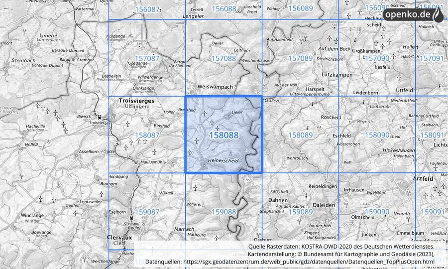 Übersichtskarte des KOSTRA-DWD-2020-Rasterfeldes Nr. 158088