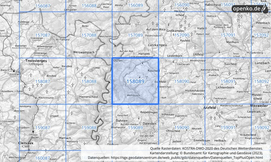 Übersichtskarte des KOSTRA-DWD-2020-Rasterfeldes Nr. 158089