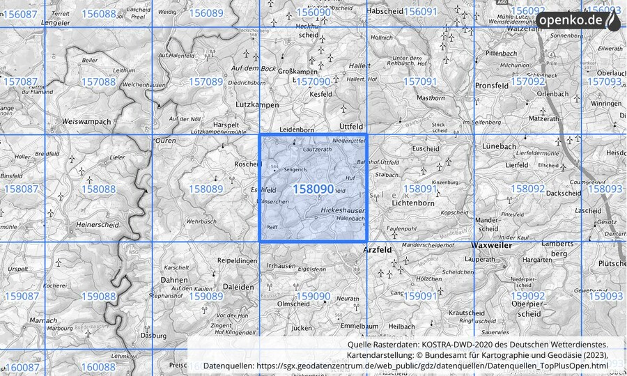 Übersichtskarte des KOSTRA-DWD-2020-Rasterfeldes Nr. 158090