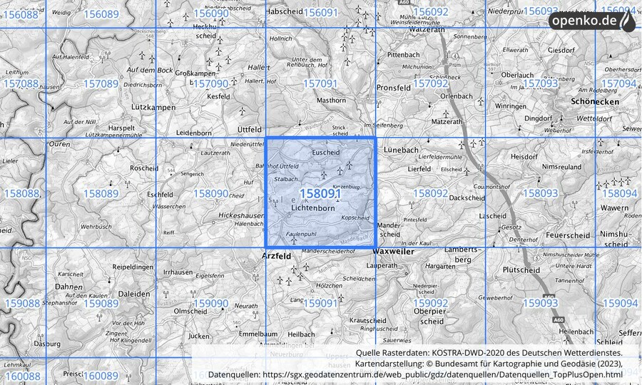 Übersichtskarte des KOSTRA-DWD-2020-Rasterfeldes Nr. 158091