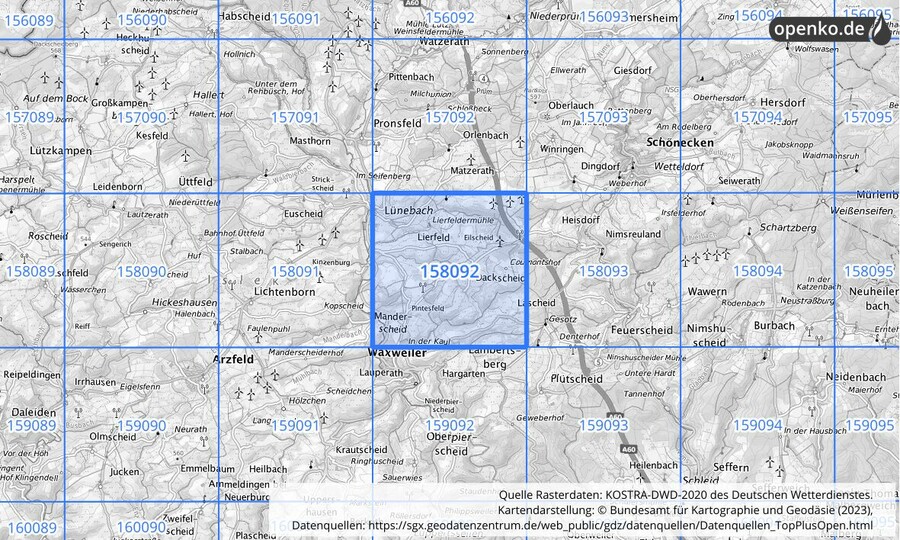 Übersichtskarte des KOSTRA-DWD-2020-Rasterfeldes Nr. 158092