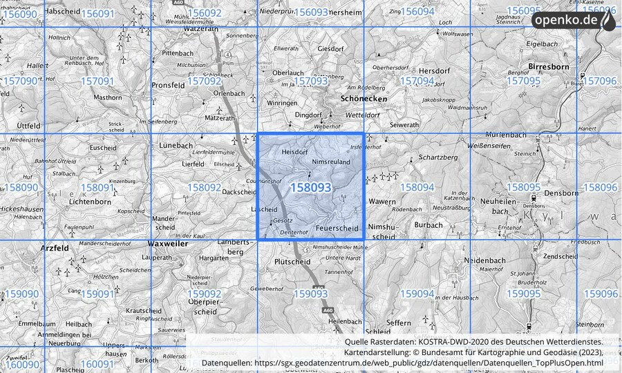 Übersichtskarte des KOSTRA-DWD-2020-Rasterfeldes Nr. 158093