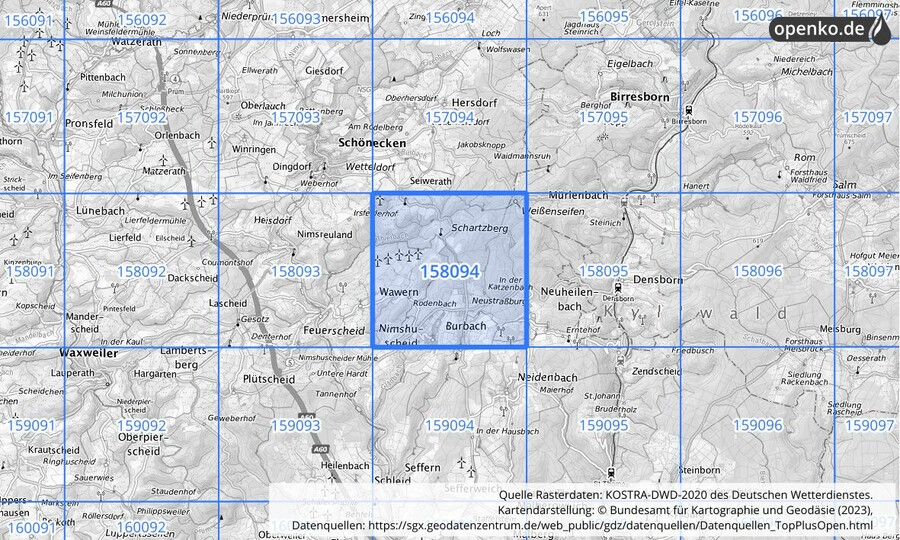 Übersichtskarte des KOSTRA-DWD-2020-Rasterfeldes Nr. 158094