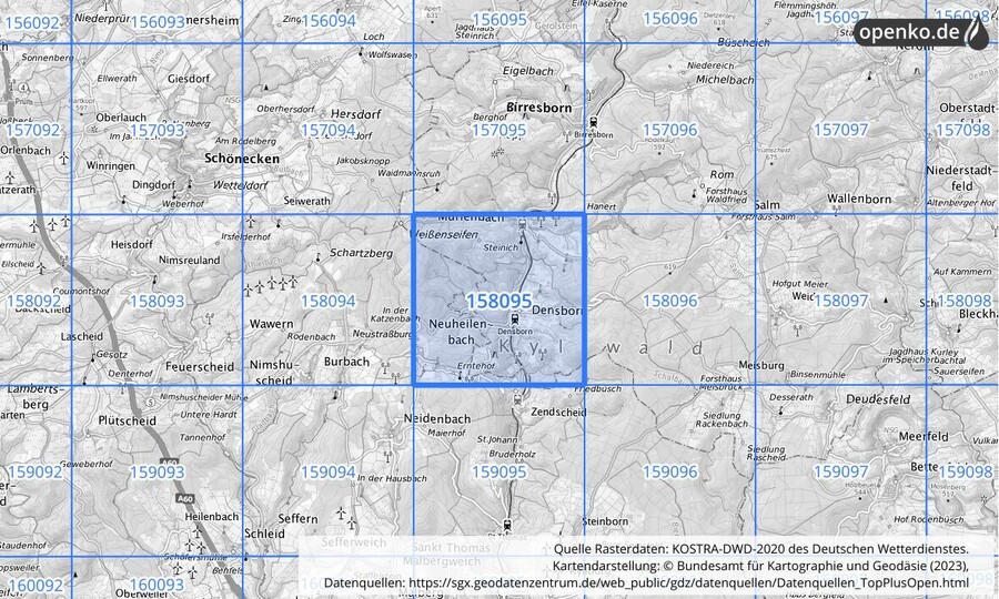 Übersichtskarte des KOSTRA-DWD-2020-Rasterfeldes Nr. 158095