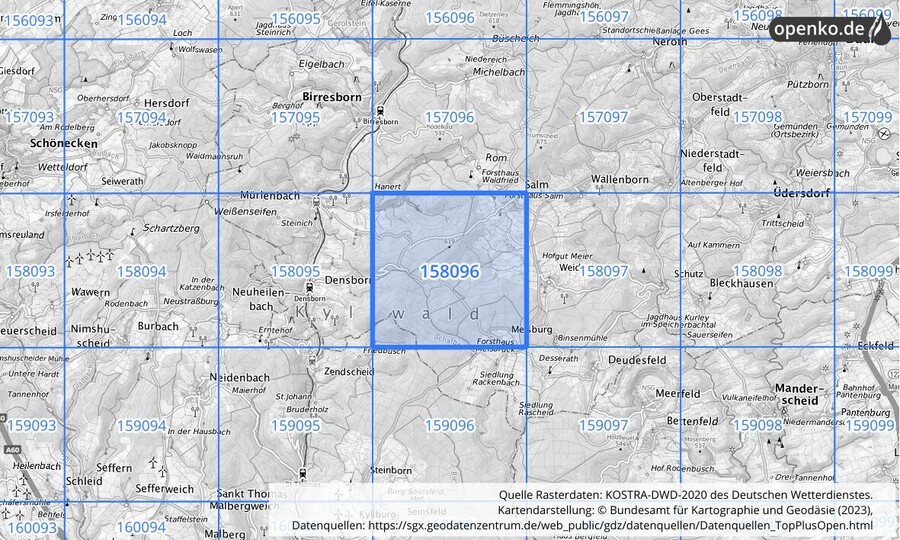 Übersichtskarte des KOSTRA-DWD-2020-Rasterfeldes Nr. 158096