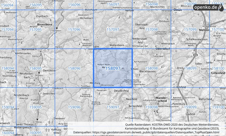 Übersichtskarte des KOSTRA-DWD-2020-Rasterfeldes Nr. 158097