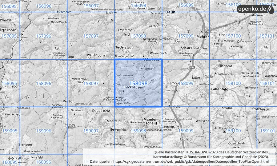 Übersichtskarte des KOSTRA-DWD-2020-Rasterfeldes Nr. 158098