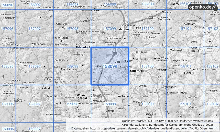 Übersichtskarte des KOSTRA-DWD-2020-Rasterfeldes Nr. 158099