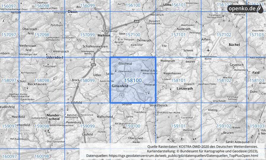 Übersichtskarte des KOSTRA-DWD-2020-Rasterfeldes Nr. 158100