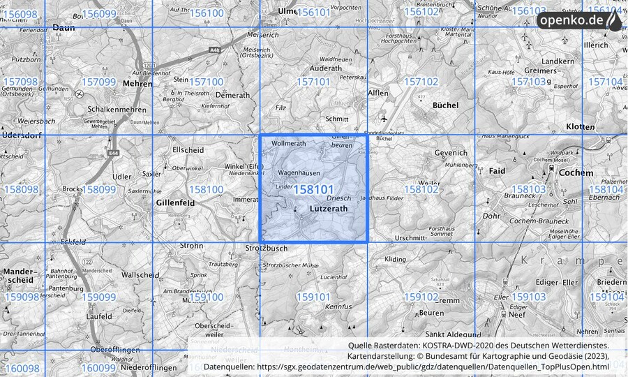 Übersichtskarte des KOSTRA-DWD-2020-Rasterfeldes Nr. 158101