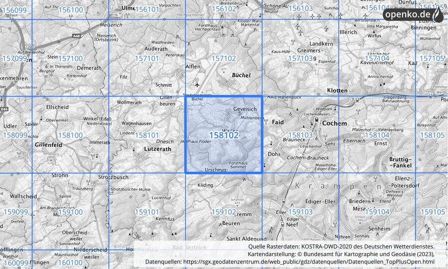 Übersichtskarte des KOSTRA-DWD-2020-Rasterfeldes Nr. 158102