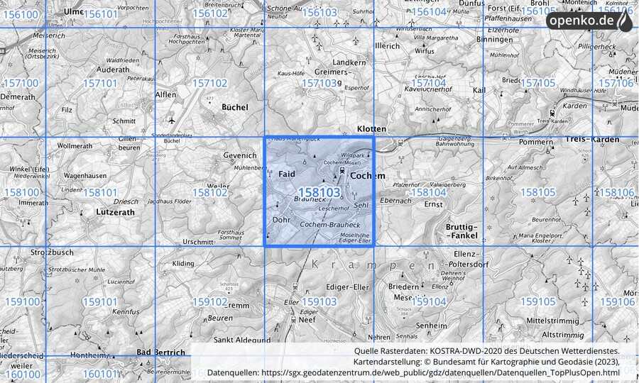 Übersichtskarte des KOSTRA-DWD-2020-Rasterfeldes Nr. 158103