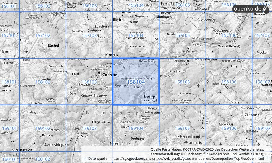 Übersichtskarte des KOSTRA-DWD-2020-Rasterfeldes Nr. 158104