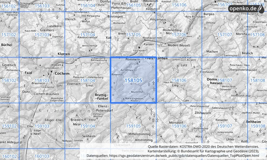 Übersichtskarte des KOSTRA-DWD-2020-Rasterfeldes Nr. 158105