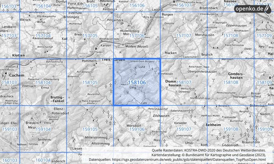 Übersichtskarte des KOSTRA-DWD-2020-Rasterfeldes Nr. 158106