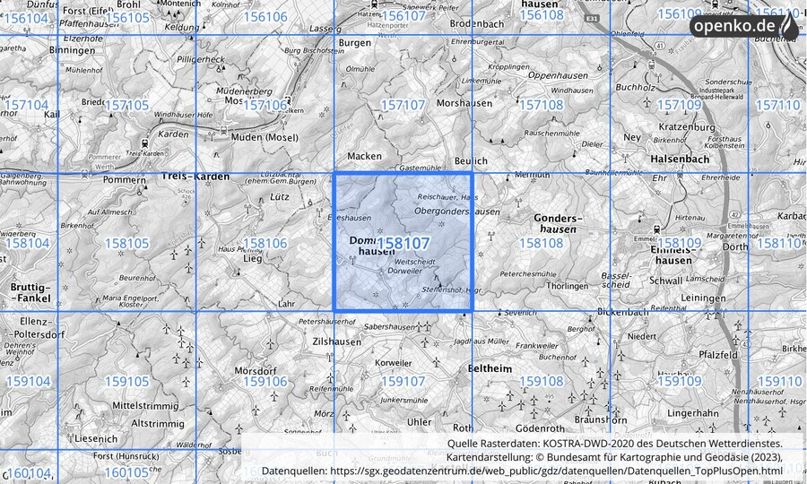 Übersichtskarte des KOSTRA-DWD-2020-Rasterfeldes Nr. 158107