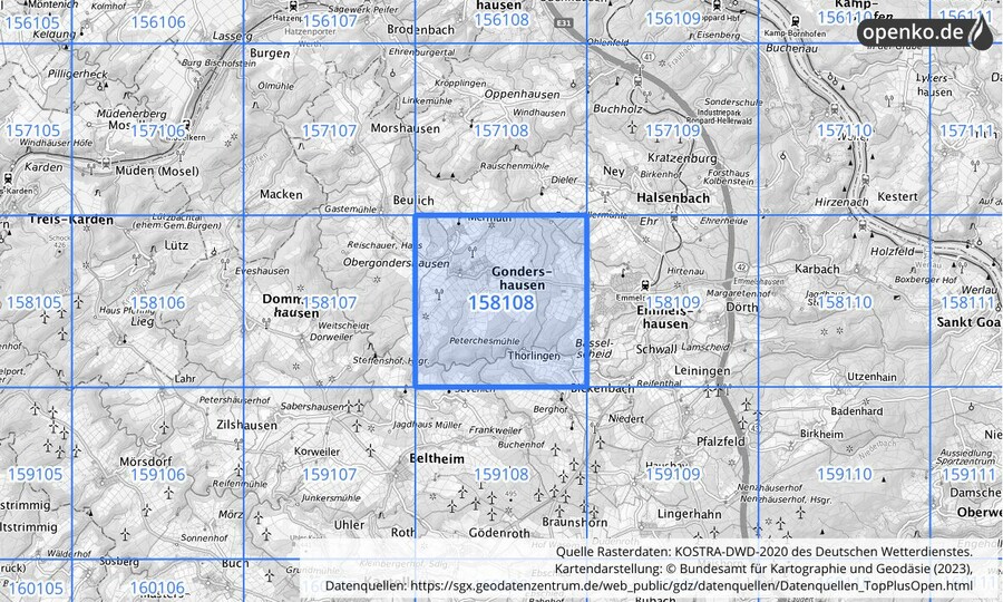 Übersichtskarte des KOSTRA-DWD-2020-Rasterfeldes Nr. 158108