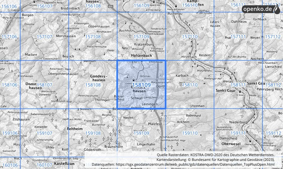 Übersichtskarte des KOSTRA-DWD-2020-Rasterfeldes Nr. 158109