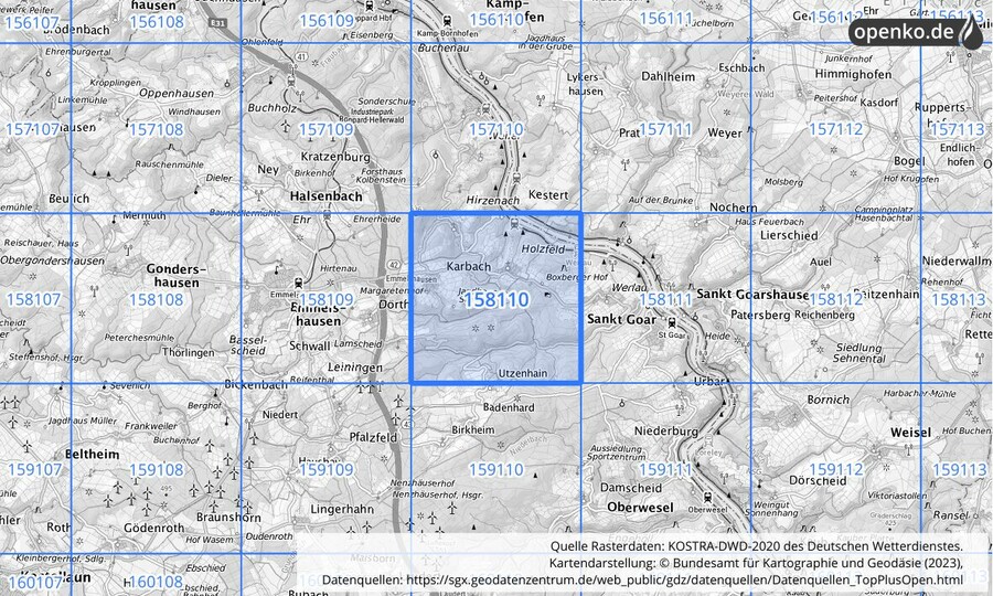 Übersichtskarte des KOSTRA-DWD-2020-Rasterfeldes Nr. 158110
