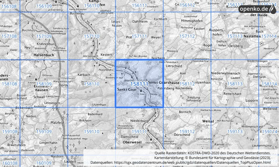 Übersichtskarte des KOSTRA-DWD-2020-Rasterfeldes Nr. 158111