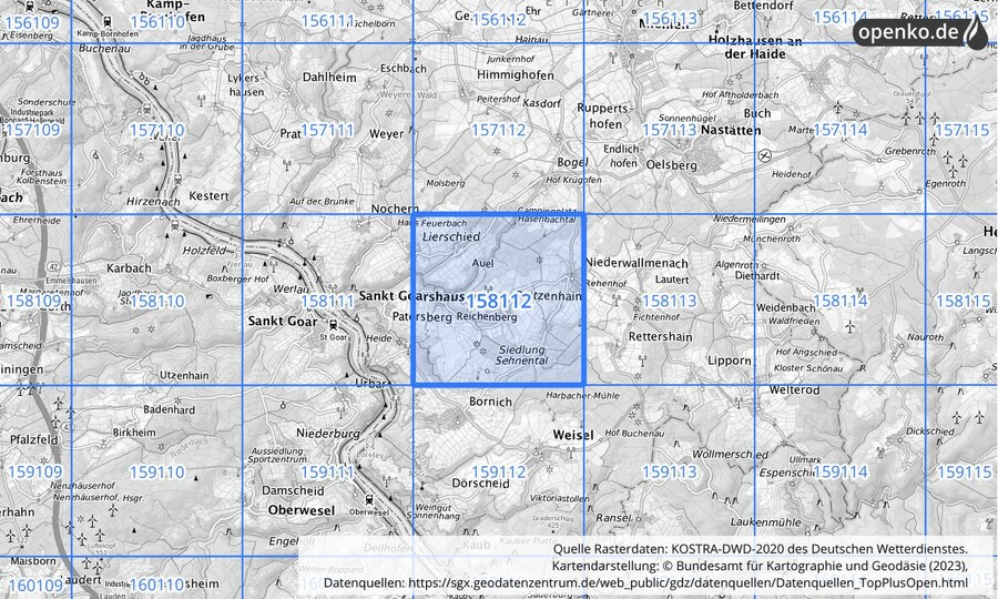 Übersichtskarte des KOSTRA-DWD-2020-Rasterfeldes Nr. 158112