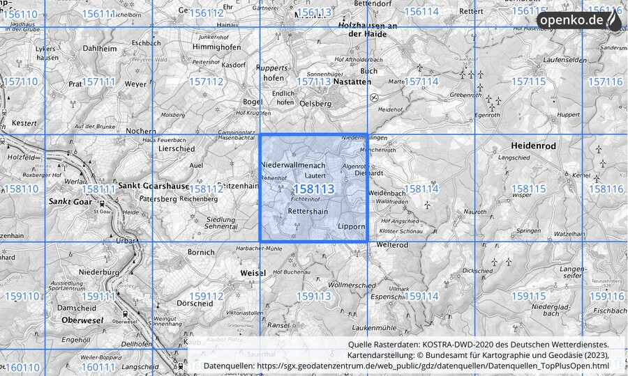 Übersichtskarte des KOSTRA-DWD-2020-Rasterfeldes Nr. 158113