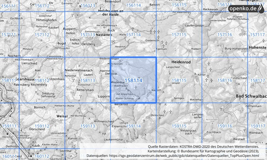 Übersichtskarte des KOSTRA-DWD-2020-Rasterfeldes Nr. 158114