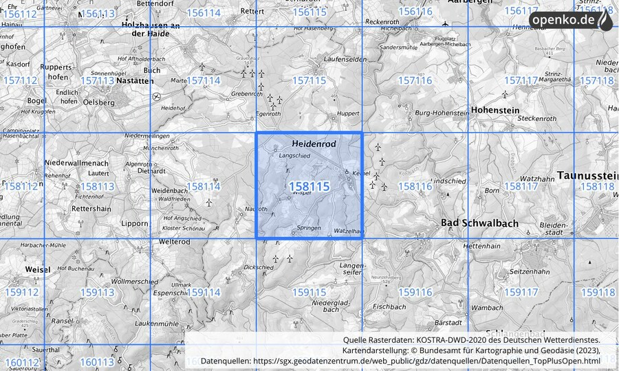 Übersichtskarte des KOSTRA-DWD-2020-Rasterfeldes Nr. 158115