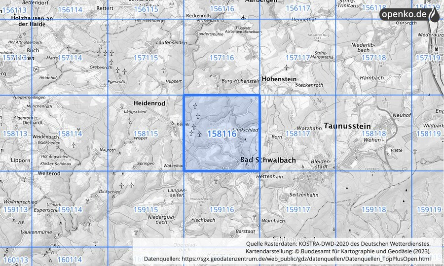 Übersichtskarte des KOSTRA-DWD-2020-Rasterfeldes Nr. 158116