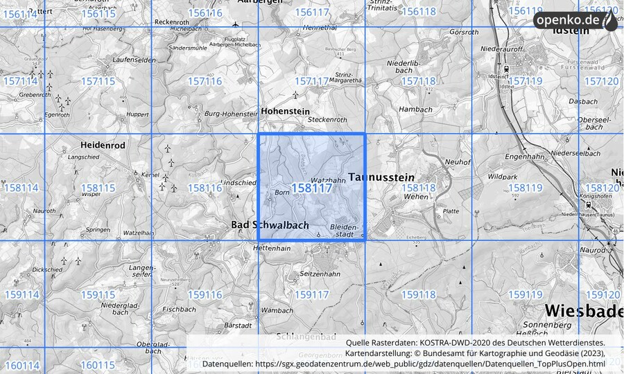 Übersichtskarte des KOSTRA-DWD-2020-Rasterfeldes Nr. 158117