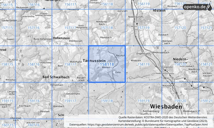 Übersichtskarte des KOSTRA-DWD-2020-Rasterfeldes Nr. 158118