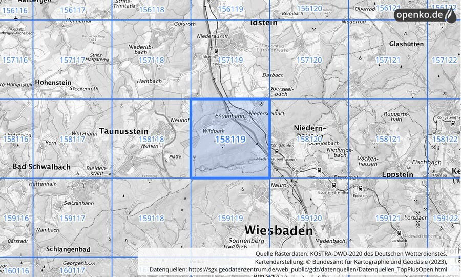 Übersichtskarte des KOSTRA-DWD-2020-Rasterfeldes Nr. 158119