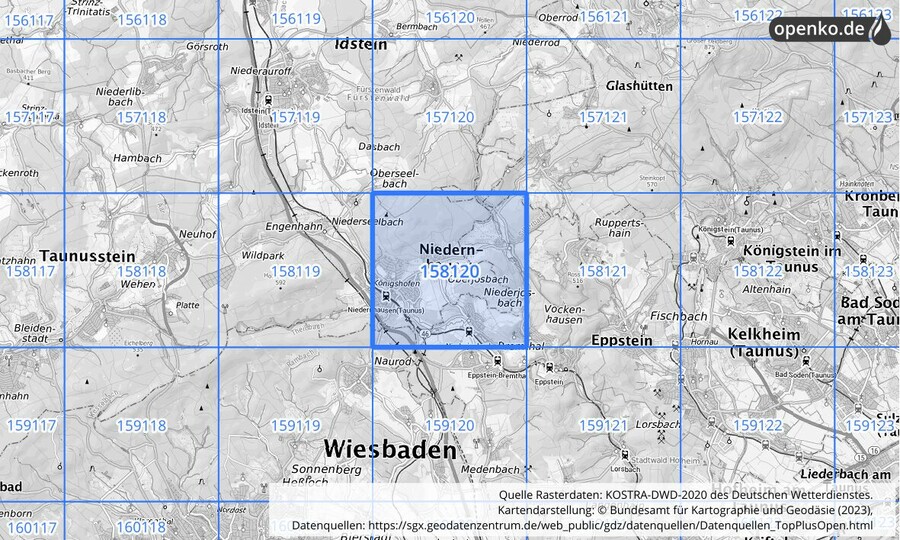 Übersichtskarte des KOSTRA-DWD-2020-Rasterfeldes Nr. 158120