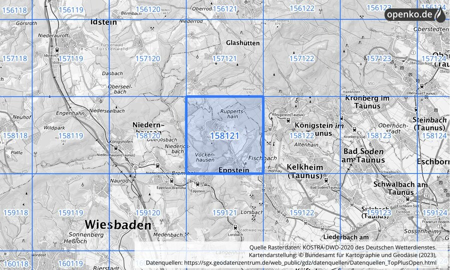 Übersichtskarte des KOSTRA-DWD-2020-Rasterfeldes Nr. 158121