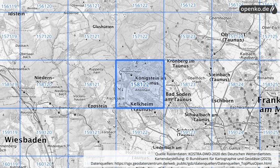 Übersichtskarte des KOSTRA-DWD-2020-Rasterfeldes Nr. 158122